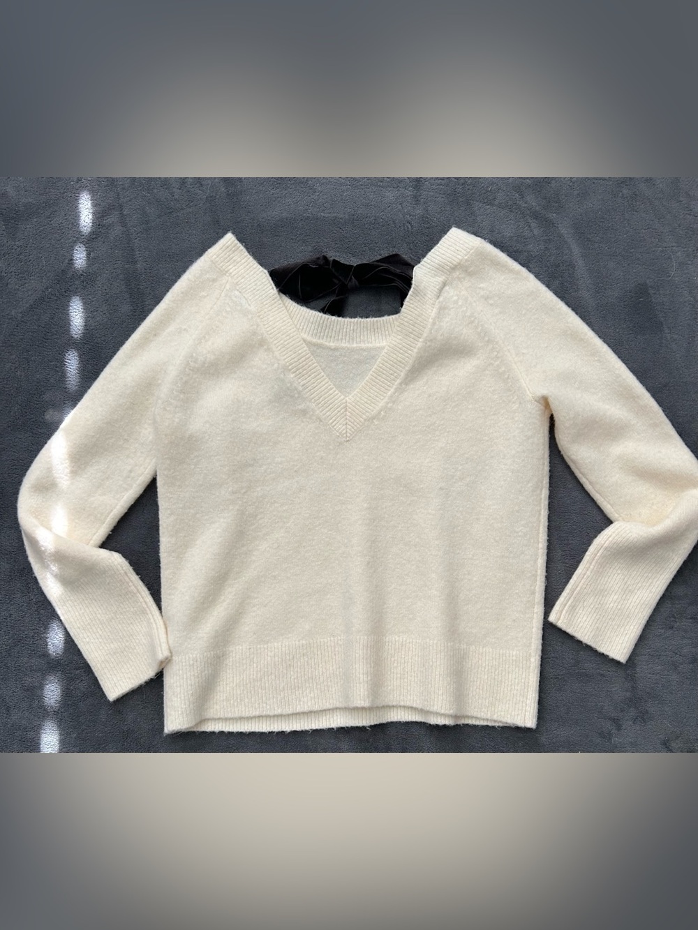 J.Crew V-Back Knit Sweater with Black Velvet Bow - Cream/White - Size XXS